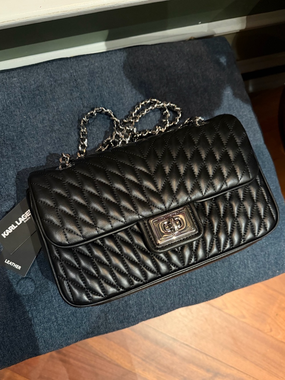 Karl Lagerfeld Black Quilted Leather Shoulder Bag with Chain Strap